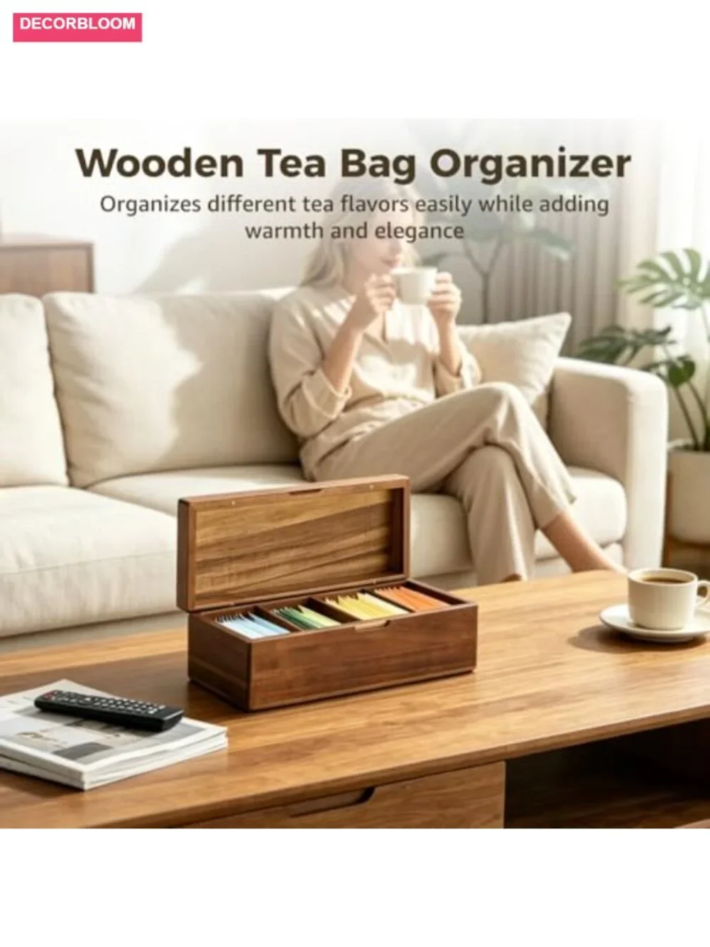 Wooden Tea Bag Organizer with 4 Compartments and Removable Dividers
